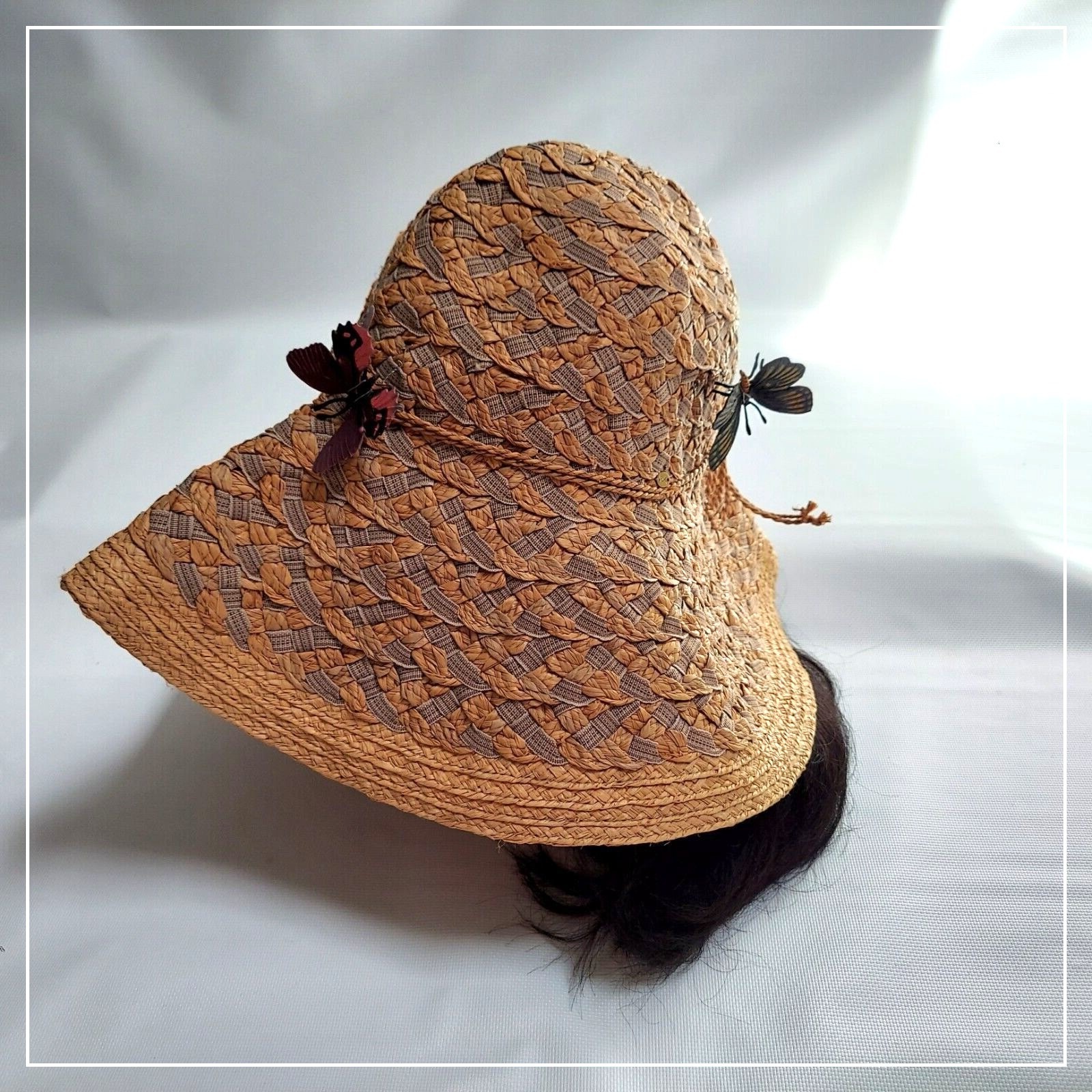 Betmar Women Strew Sun Hat One Size Tan Boho Raffia Butterfly Wide Brim Garden